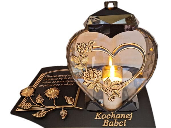 BABCIA BABCI ZNICZ LAMPION NA GRÓB SERCE I SERCE ZŁO SKOS SENTENCJA+ ŚWIECA