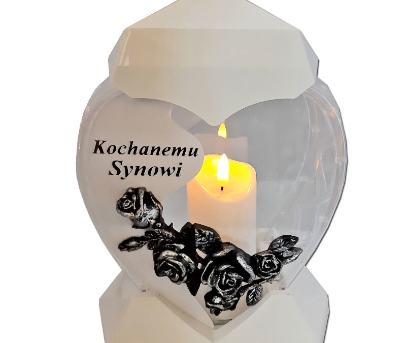SYN SYNOWI ZNICZ NA GRÓB SERCE MAŁE BIAŁE + ŚWIECA LED