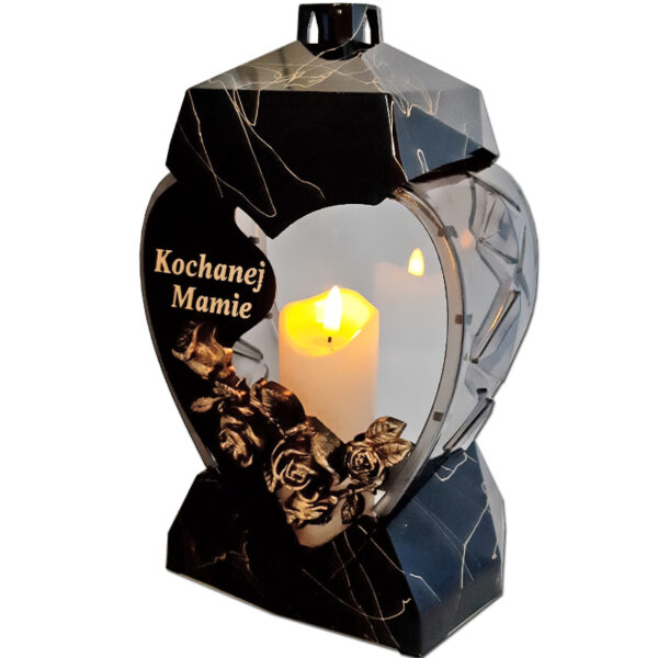 MAMA MAMIE ZNICZ NA GRÓB SERCE MAŁE CZARNO ZŁOTY MARMUR + ŚWIECA LED