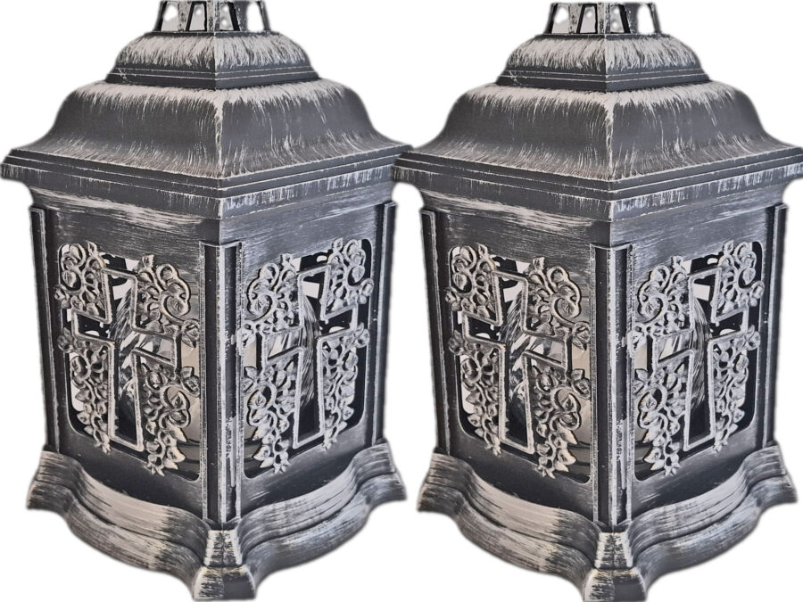 ZNICZ ZNICZE LAMPION NA GRÓB ZESTAW 2 SZTUKI 2070 KRZYŻ SREBRO +WKŁAD