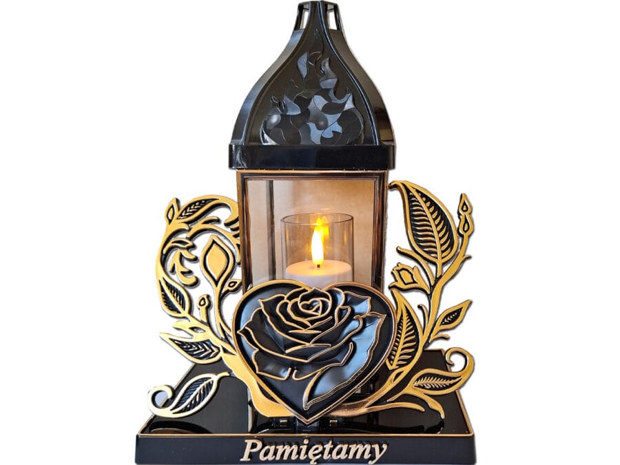PAMIĘTAMY ZNICZE LAMPION LAMPIONY NA GRÓB BAROK SERCE ZŁOTO+ŚWIECA LED