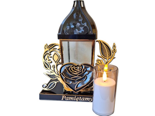 PAMIĘTAMY ZNICZE LAMPION LAMPIONY NA GRÓB BAROK SERCE ZŁOTO+ŚWIECA LED