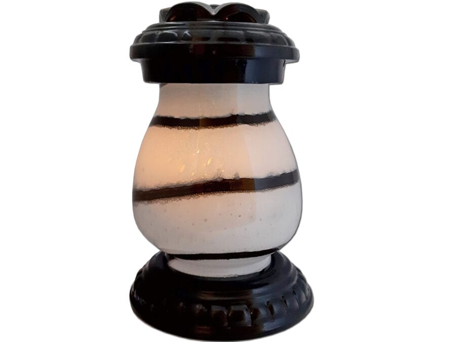 beka-cer-saturn-sw1.jpg ZNICZ ZNICZE LAMPION NA GRÓB CERAMIKA BEKA ZEBRA BIAŁO- CZARNA+ŚWIECA LED