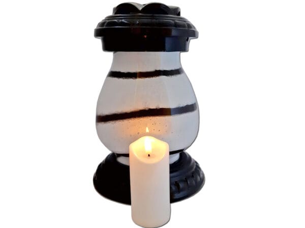 beka-cer-saturn-sw2.jpg ZNICZ ZNICZE LAMPION NA GRÓB CERAMIKA BEKA ZEBRA BIAŁO- CZARNA+ŚWIECA LED