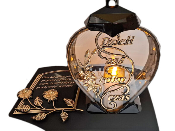 ZNICZ LAMPION NA GRÓB DZIELI SERCE ZŁOTO SKOS SENTENCJA+ ŚWIECA