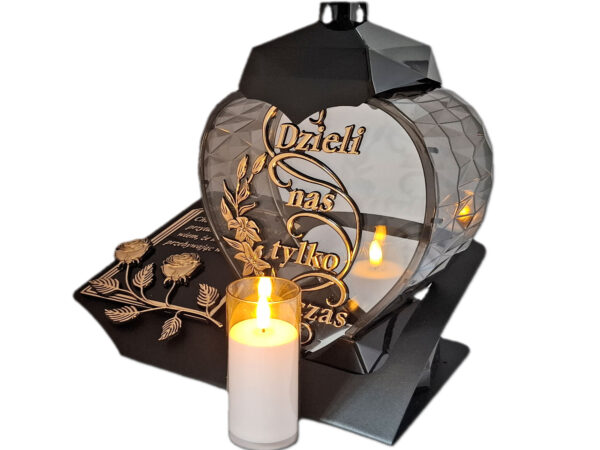ZNICZ LAMPION NA GRÓB DZIELI SERCE ZŁOTO SKOS SENTENCJA+ ŚWIECA