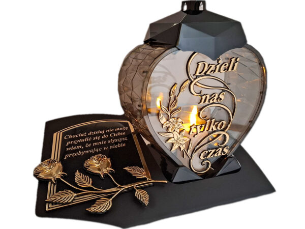 ZNICZ LAMPION NA GRÓB DZIELI SERCE ZŁOTO SKOS SENTENCJA+ ŚWIECA