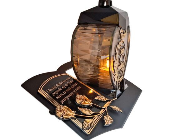 ZNICZ LAMPION NA GRÓB DZIELI SERCE ZŁOTO SKOS SENTENCJA+ ŚWIECA