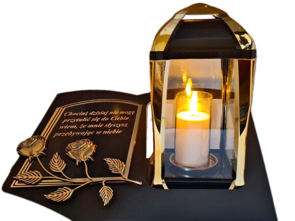 ZNICZ LAMPION NA GRÓB KPL ZŁOTO SKOS SENTENCJA+ ŚWIECA