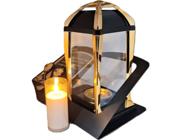 ZNICZ LAMPION NA GRÓB KPL ZŁOTO SKOS SENTENCJA+ ŚWIECA