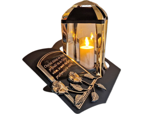 ZNICZ LAMPION NA GRÓB KPL ZŁOTO SKOS SENTENCJA+ ŚWIECA