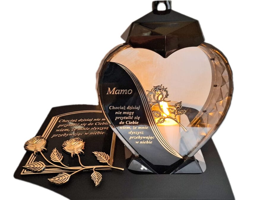 MAMA MAMIE ZNICZ LAMPION NA GRÓB SERCE ZŁOTO SKOS SENTENCJA+ ŚWIECA