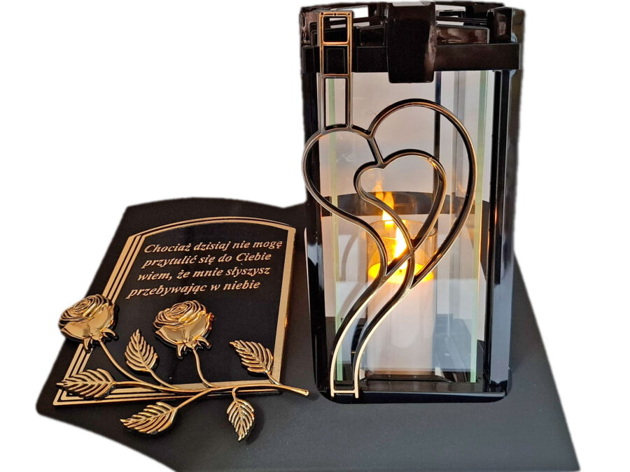 ZNICZ LAMPION NA GRÓB PLK SERCE ZŁ CZARNY SKOS SENTENCJA+ ŚWIECA