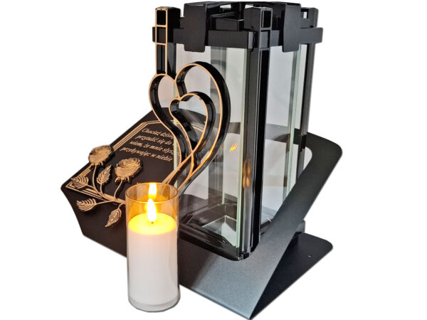 ZNICZ LAMPION NA GRÓB PLK SERCE ZŁ CZARNY SKOS SENTENCJA+ ŚWIECA