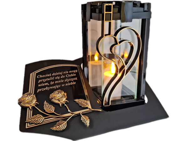 ZNICZ LAMPION NA GRÓB PLK SERCE ZŁ CZARNY SKOS SENTENCJA+ ŚWIECA