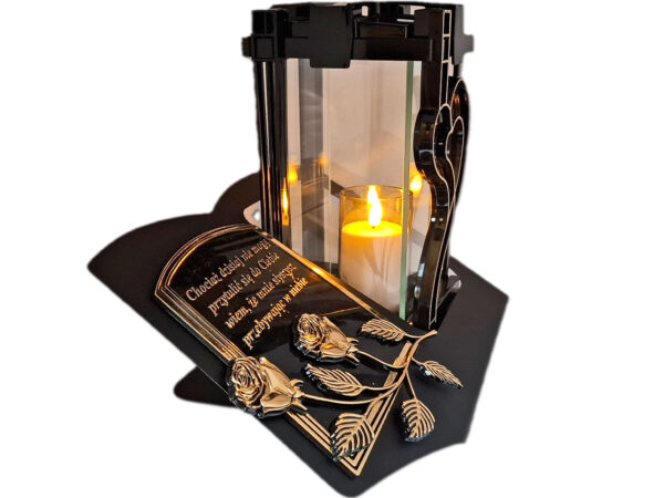 ZNICZ LAMPION NA GRÓB PLK SERCE ZŁ CZARNY SKOS SENTENCJA+ ŚWIECA