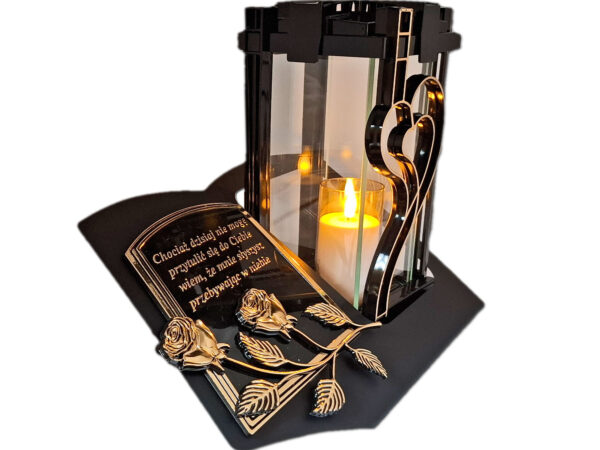 ZNICZ LAMPION NA GRÓB PLK SERCE ZŁ CZARNY SKOS SENTENCJA+ ŚWIECA