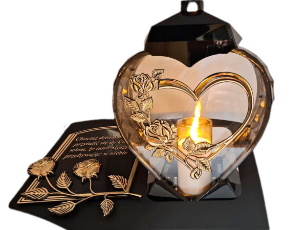 ZNICZ LAMPION NA GRÓB SERCE I SERCE ZŁOTO SKOS SENTENCJA+ ŚWIECA