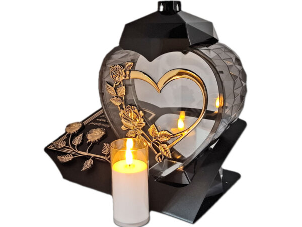 ZNICZ LAMPION NA GRÓB SERCE I SERCE ZŁOTO SKOS SENTENCJA+ ŚWIECA