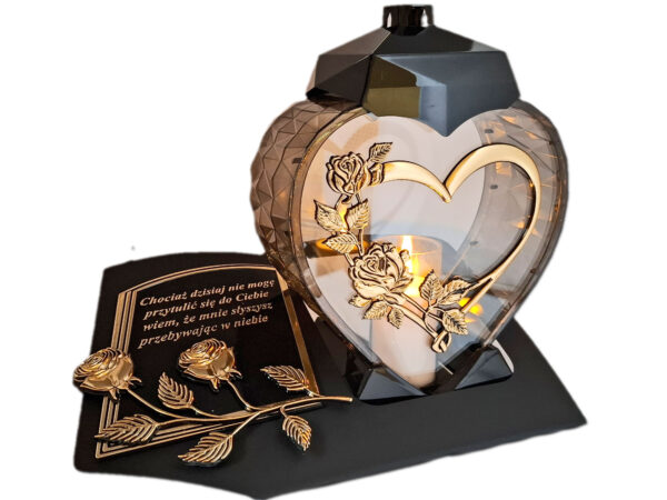 ZNICZ LAMPION NA GRÓB SERCE I SERCE ZŁOTO SKOS SENTENCJA+ ŚWIECA