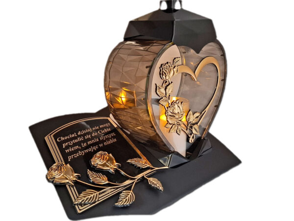 ZNICZ LAMPION NA GRÓB SERCE I SERCE ZŁOTO SKOS SENTENCJA+ ŚWIECA
