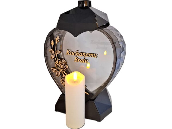 BRAT BRATU ZNICZ LAMPION SERCE D RÓŻA CZARNY ZŁOTO LITERY+ŚWIECA LED