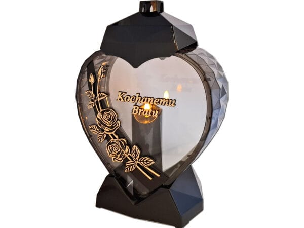 BRAT BRATU ZNICZ LAMPION SERCE D RÓŻA CZARNY ZŁOTO LITERY+ŚWIECA LED CZARNA