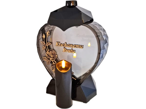BRAT BRATU ZNICZ LAMPION SERCE D RÓŻA CZARNY ZŁOTO LITERY+ŚWIECA LED CZARNA