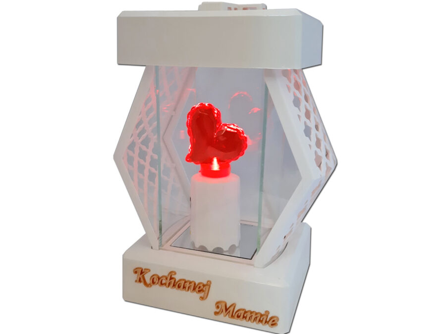 MAMA MAMIE ZNICZ LAMPION NA GRÓB DMT KARO GŁADKI BIAŁY+SERCE LED Z BAT