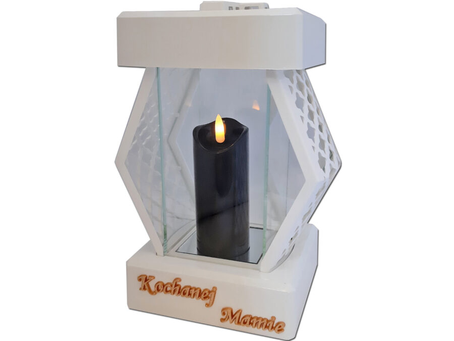 MAMA MAMIE ZNICZE LAMPION NA GRÓB DMT KARO GŁADKI BIAŁY+ŚWIECA LED CZARNA