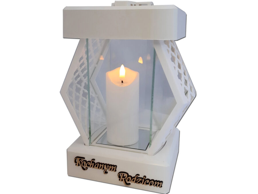 RODZICE RODZICOM ZNICZE LAMPION NA GRÓB DMT KARO GŁADKI BIAŁY+ŚWIECA LED