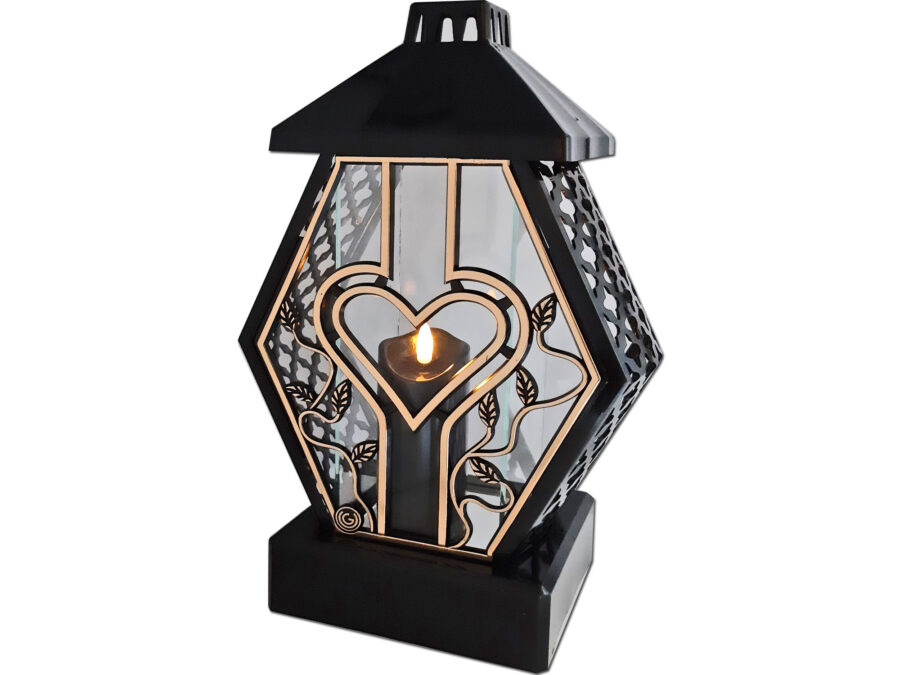 ZNICZ LAMPION NA GRÓB DMT DUŻY RTN RAMA SERCE ZŁOTO+ŚWIECA LED CZARNA