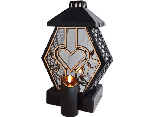 ZNICZ LAMPION NA GRÓB DMT DUŻY RTN RAMA SERCE ZŁOTO+ŚWIECA LED CZARNA