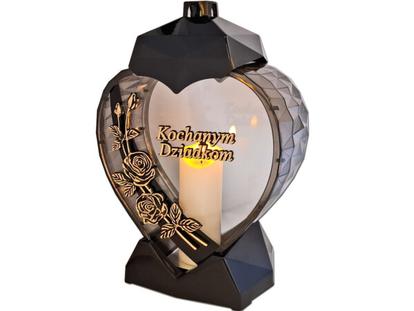 DZIADKOM DZIADKI ZNICZ LAMPION SERCE D RÓŻA CZARNY ZŁOTO LITERY+ŚWIECA LED