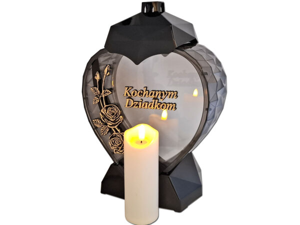 DZIADKOM DZIADKI ZNICZ LAMPION SERCE D RÓŻA CZARNY ZŁOTO LITERY+ŚWIECA LED