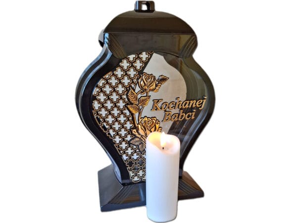 BABCIA BABCI ZNICZ LAMPION NA GRÓB FAR RÓŻA ZŁOTO+ŚWIECA LED BIAŁA