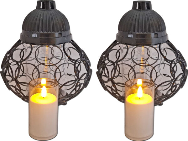 ZNICZ LAMPION ZESTAW 2 SZTUKI NA GRÓB KULA KÓŁKA CZARNY+ŚWIECA LED