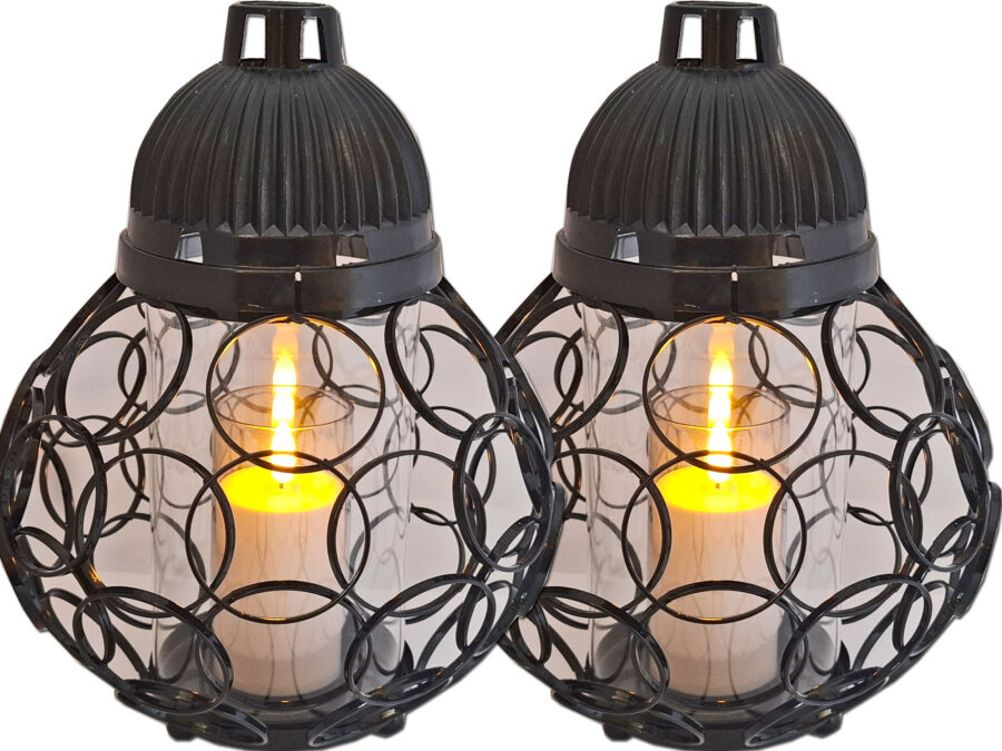 ZNICZ LAMPION ZESTAW 2 SZTUKI NA GRÓB KULA KÓŁKA CZARNY+ŚWIECA LED