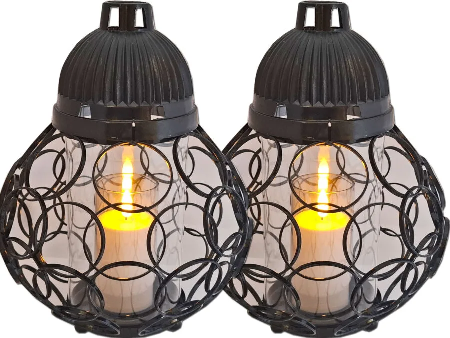 ZNICZ LAMPION ZESTAW 2 SZTUKI NA GRÓB KULA KÓŁKA CZARNY+ŚWIECA LED