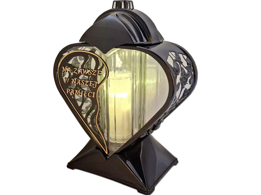 ZNICZ LAMPION NA GRÓB SERCE ZŁOTO AŻUR CZARNY NA ZAWSZE+ŚWIECA LED BRK