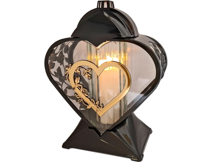 ZNICZ ZNICZE LAMPION NA GRÓB SERCE ZŁOTO AŻUR CZARNY+ŚWIECA LED BIAŁA