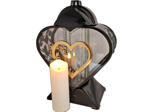 ZNICZ ZNICZE LAMPION NA GRÓB SERCE ZŁOTO AŻUR CZARNY+ŚWIECA LED BIAŁA
