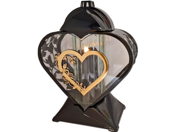 ZNICZ ZNICZE LAMPION NA GRÓB SERCE ZŁOTO AŻUR CZARNY+ŚWIECA LED CZARNA