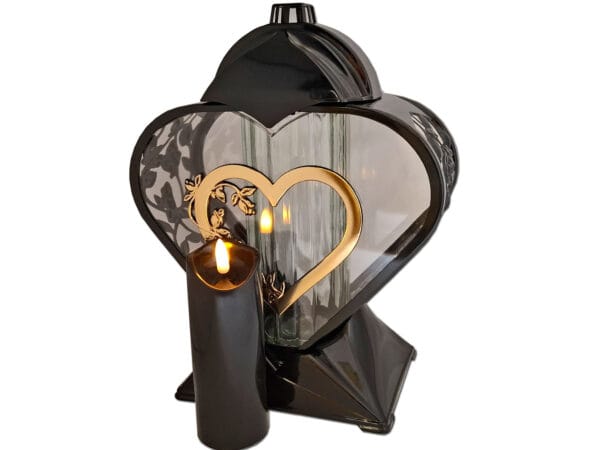 ZNICZ ZNICZE LAMPION NA GRÓB SERCE ZŁOTO AŻUR CZARNY+ŚWIECA LED CZARNA