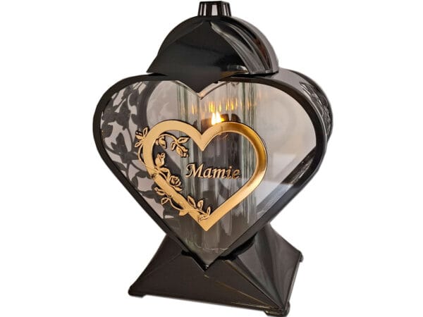 MAMA MAMIE ZNICZ LAMPION NA GRÓB SERCE ZŁOTO AŻUR CZARNY+ŚWIECA LED CZARNA