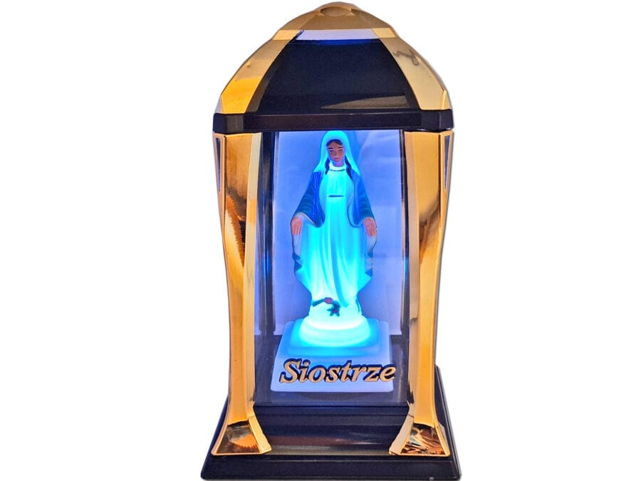 SIOSTRA SIOSTRZE ZNICZ LAMPION LATARNIA NA GRÓB KPL ZŁOTO+FIGURKA LED