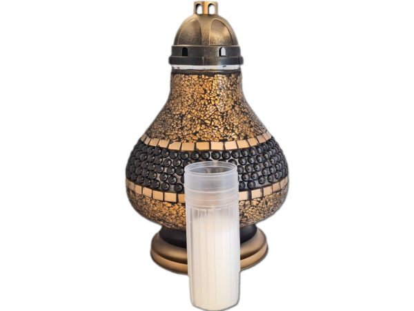 karafa-jerzyk-zloto2.jpg ZNICZ ZNICZE LAMPION NA GRÓB MOZAIKA KARAFA ZŁOTO KORALE +WKŁAD