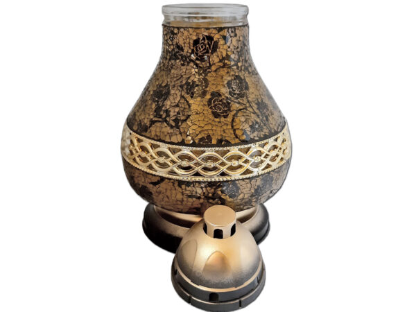 ZNICZ LAMPION KARAFA NA GRÓB PASEK ZŁOTO-CZARNE RÓŻYCZKI+WKŁAD