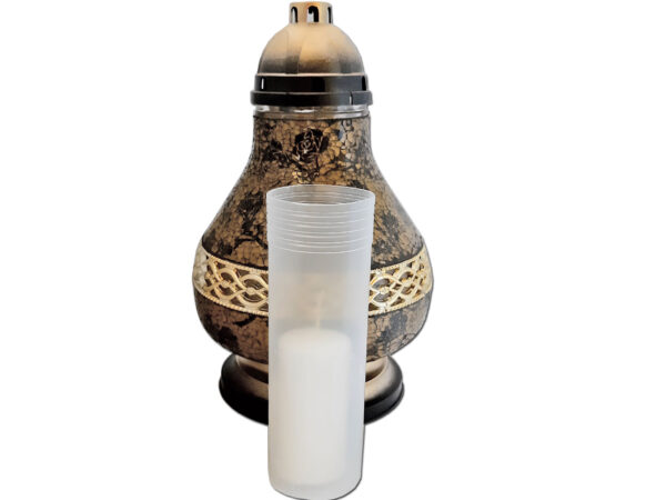 ZNICZ LAMPION KARAFA NA GRÓB PASEK ZŁOTO-CZARNE RÓŻYCZKI+WKŁAD