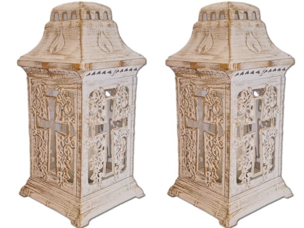 ZNICZ ZNICZE LAMPION NA GRÓB ZESTAW 2 SZTUKI KATEDRA KRZYŻ BIAŁO-ZŁOTY+WKŁAD